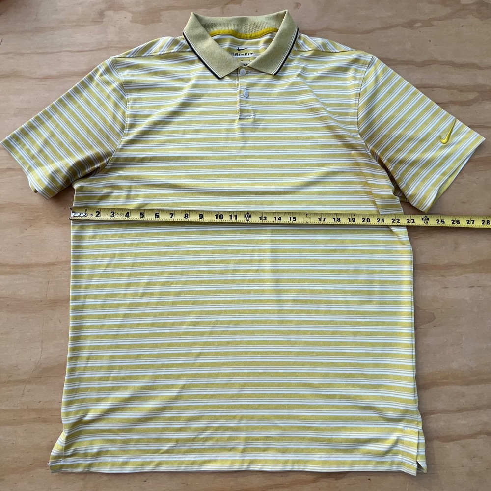Nike Golf Dri-FIT Polo Shirt Mens Large Yellow White Striped Short Sleeve Swoosh